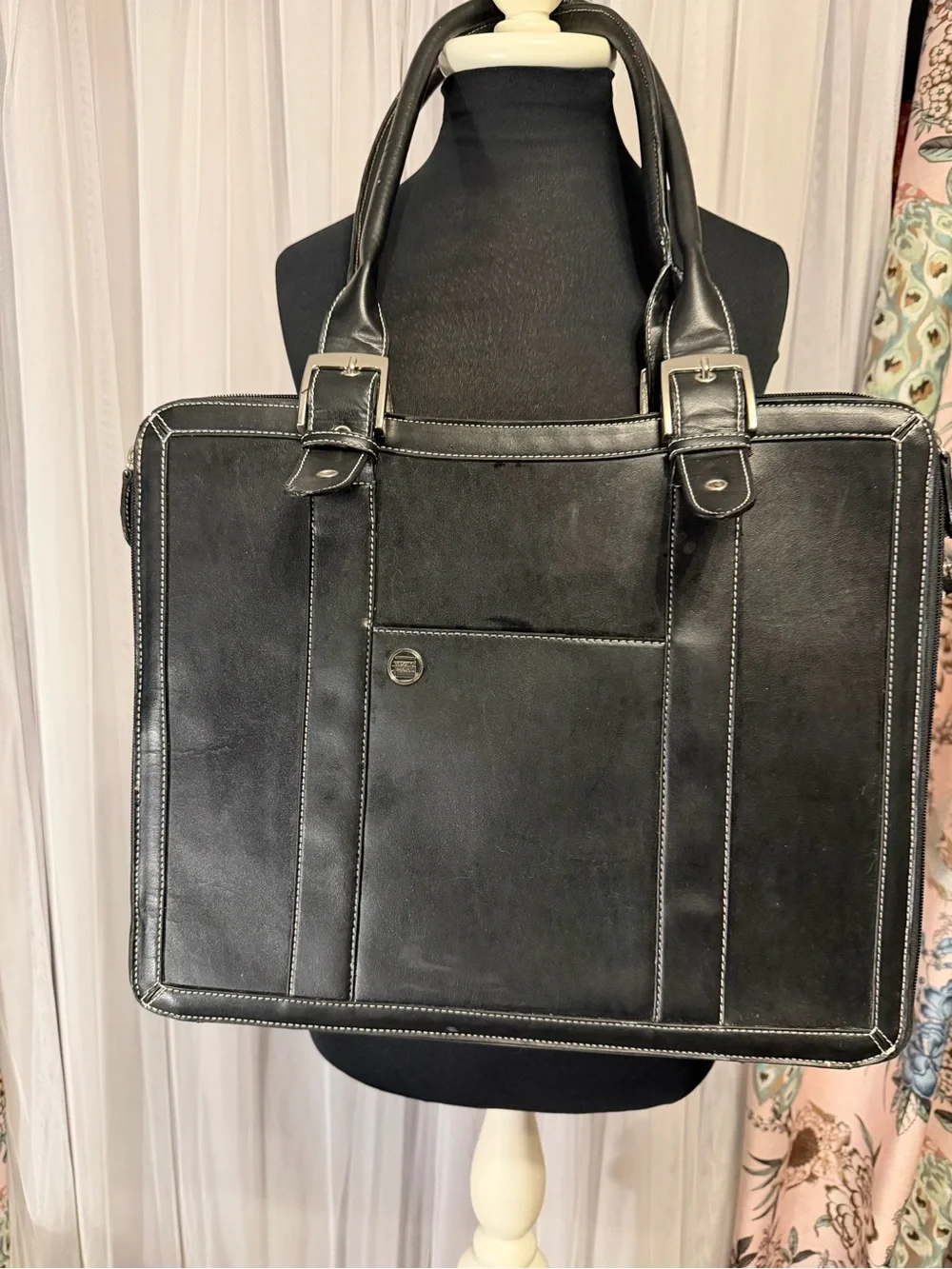 Around the Block Black Genuine Leather Business Briefcase Work Tote EUC